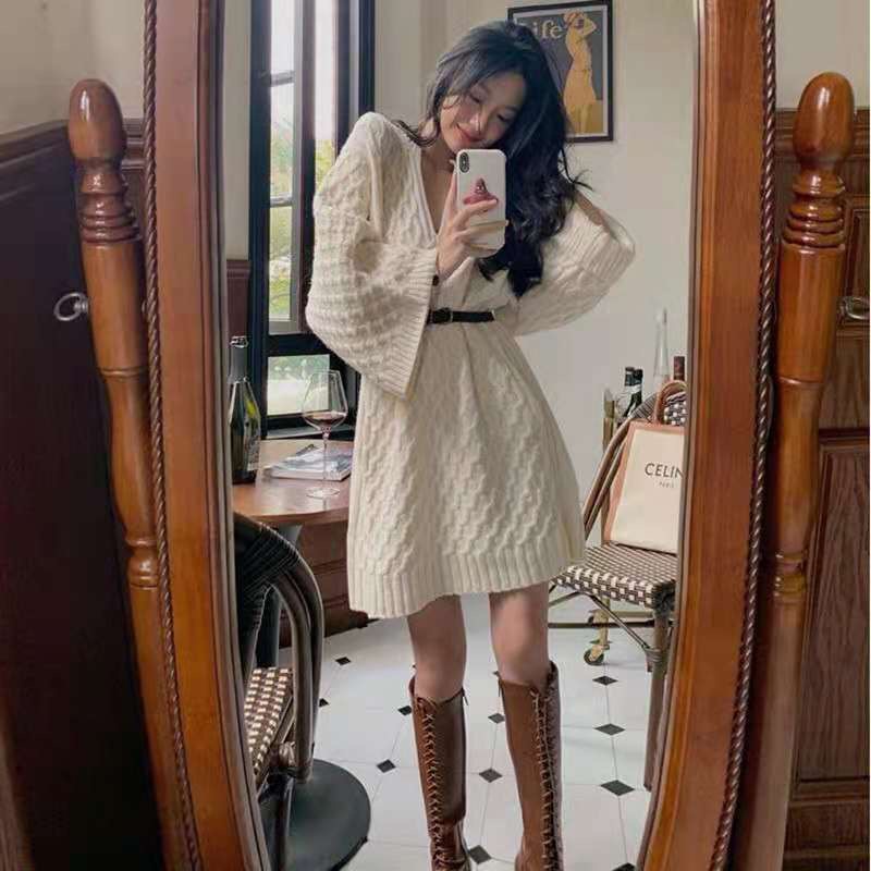 Đầm len tay dài cổ V dáng rộng thời trang ngọt ngào nữ tính