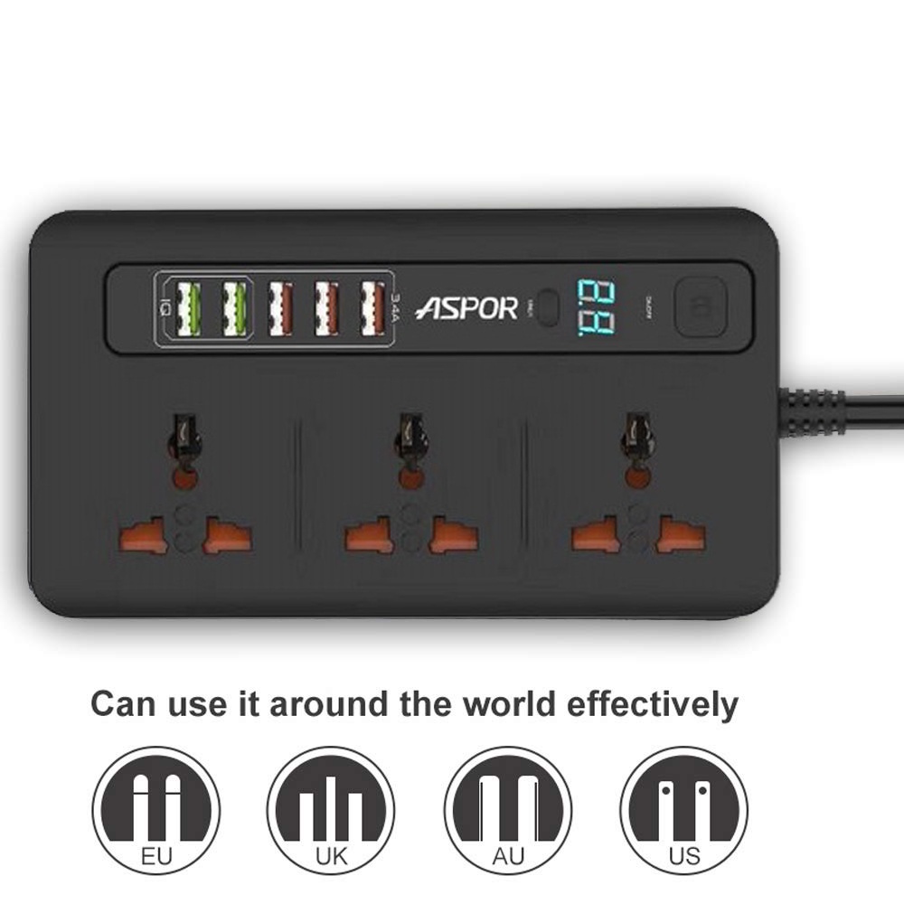 Ổ cắm điện - Ổ điện hẹn giờ thông minh chính hãng ASPOR A503 tự điều áp với 5 cổng USB Sạc nhanh 3.4A