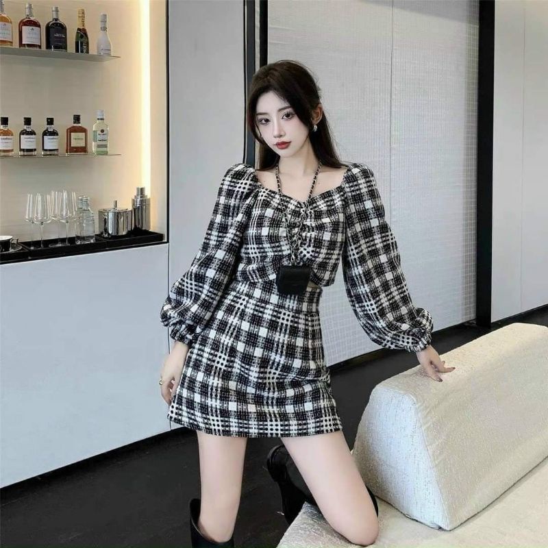 SET CROPTOP DẠ CARO ÁO BẸT VAI