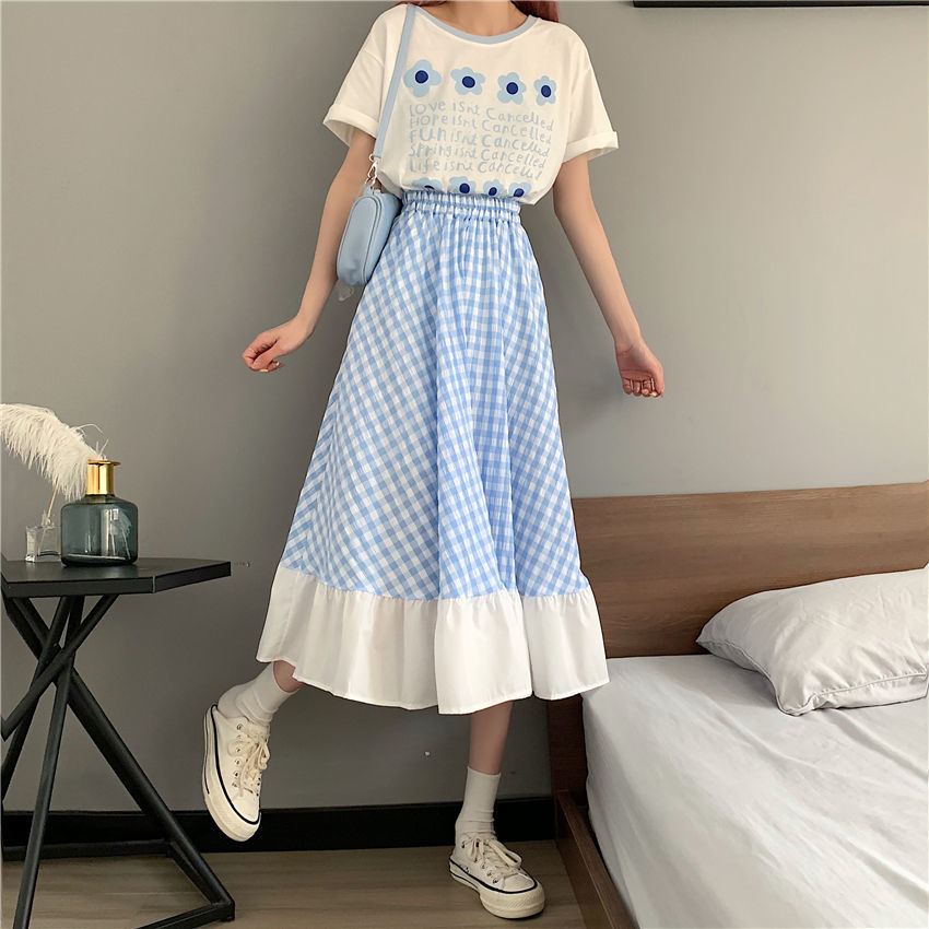 Gangfeng Small Fresh Age Reducing Plaid Splicing Skirt Summer 2021 Female Student Loose Korean Versatile Skirt[delivery Within 15 Days ]