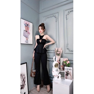 Set quần loe + áo peplum chéo cổ