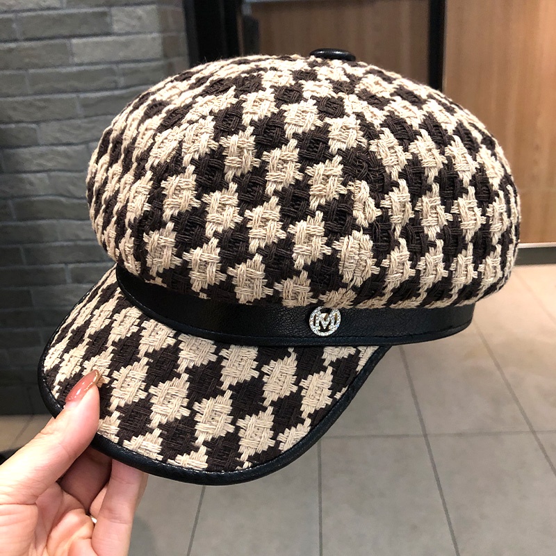 Mũ Beret Dệt Kim Họa Tiết Caro Phong Cách Retro Anh Quốc Dễ Phối Đồ Cho Nữ
