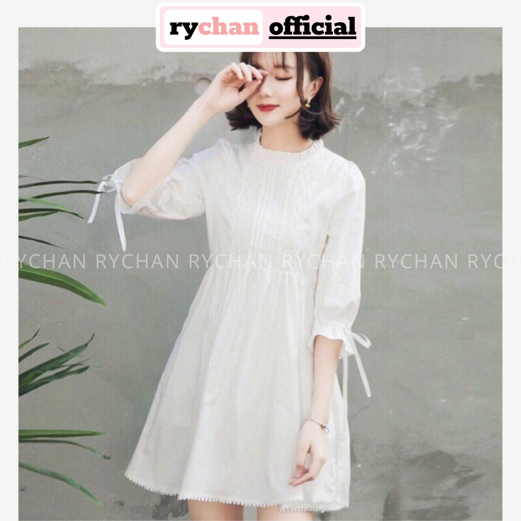 DX555 - Đầm Xòe Form Babydoll Trắng Phối Tay Nơ