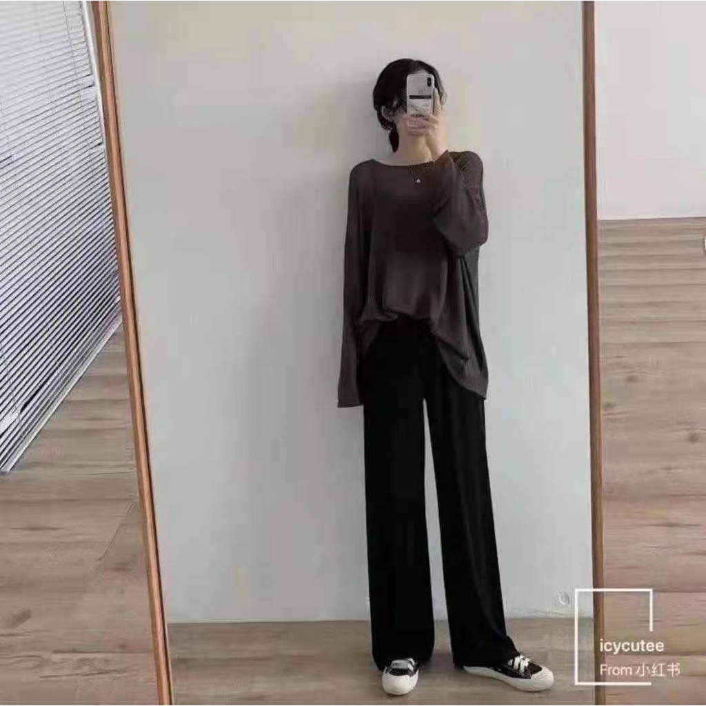 Quần Dài Lưng Cao Ống Rộng Phong Cách Hàn Quốc Cho Nữ