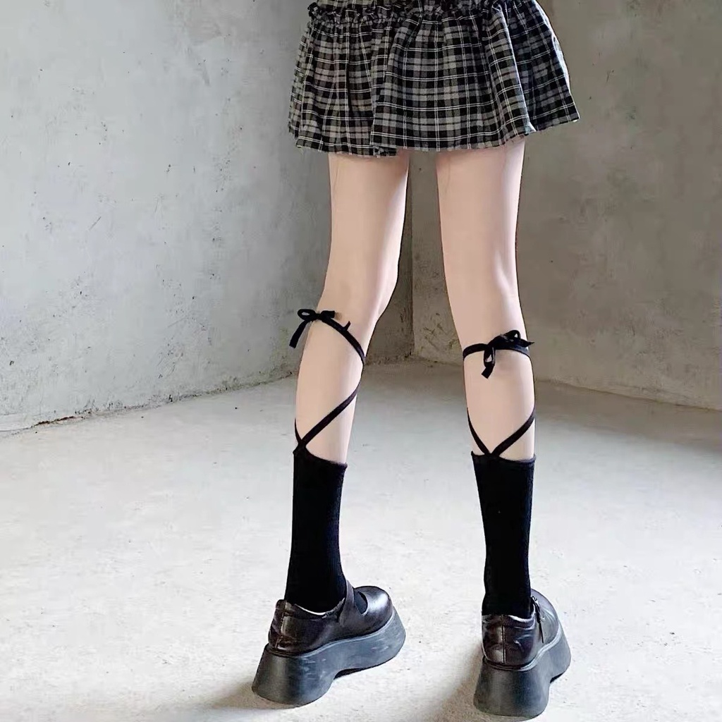 Tất Vớ nữ ullzang buộc dây 2 màu Tất dài dưới gối nữ sinh phối với giày sneaker, mj,...