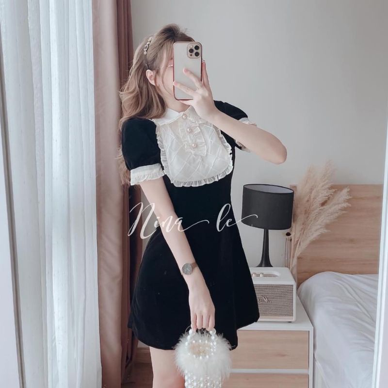 Váy nhung tiểu thư cổ bèo ren dễ thương.Đầm nhung nữ ấm áp, xinh xắn.Váy nữ đẹp.