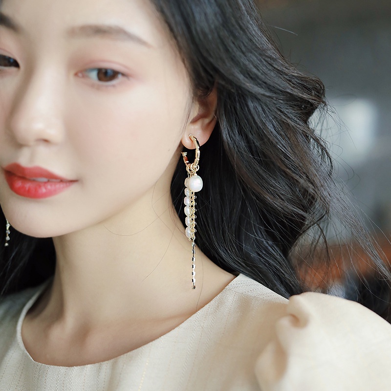 Bông Tai Dạng Chuỗi Dài Hình Chữ C Bằng Bạc 925 Đính Ngọc Trai Và Kim Cương Thời Trang Cho Nữ