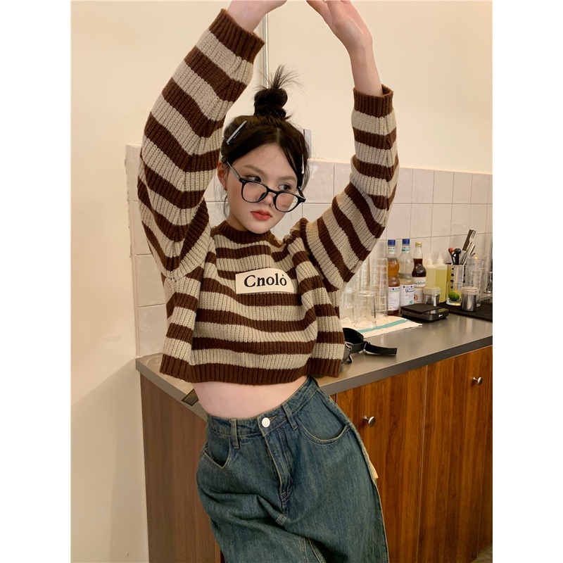 HUANG YOYO Áo sweater dệt kim tay dài cổ tròn hở rốn họa tiết kẻ sọc ngang thời trang Hàn Quốc cổ điển cho nữ