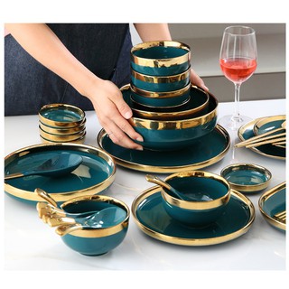 (deal hot ) bộ chén bát VIỀN DÀY màu xanh cổ vịt viền vàng (hàng order)