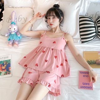 Bộ đồ 2 dây mặc nhà⚡️FREESHIP⚡️Đồ ngủ Cotton hoạ tiết đáng yêu, 2 màu Trắng - Hồng