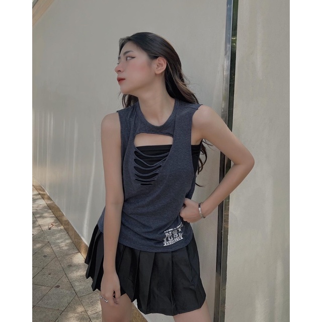 Áo thun nữ form tanktop xanh chữ vnxkf21