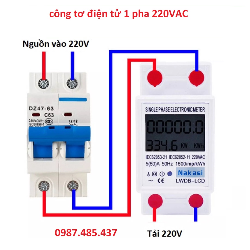 Công tơ điện tử 1 pha 60A Nakasi - Đồng hồ đo công suất Kwh