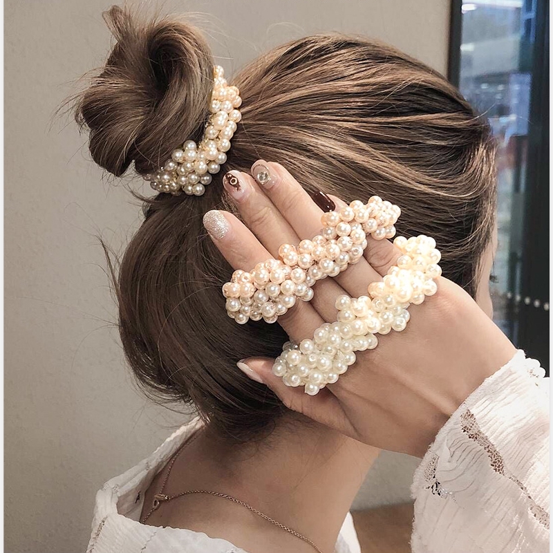 Dây buộc tóc cao su vàng độ co giãn cao đính hạt ngọc trai phong cách Hàn Quốc sang trọng dễ phối đồ