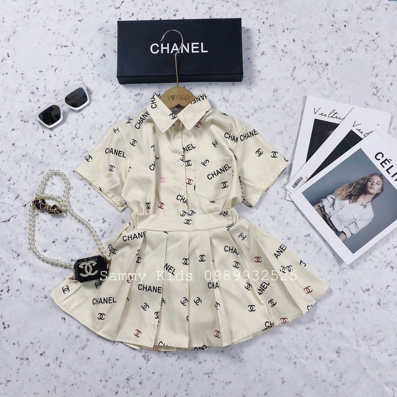 Set áo Sơmi CN quần váy xếp ly Kaki cho bé gái size đại 16-41kg cao cấp