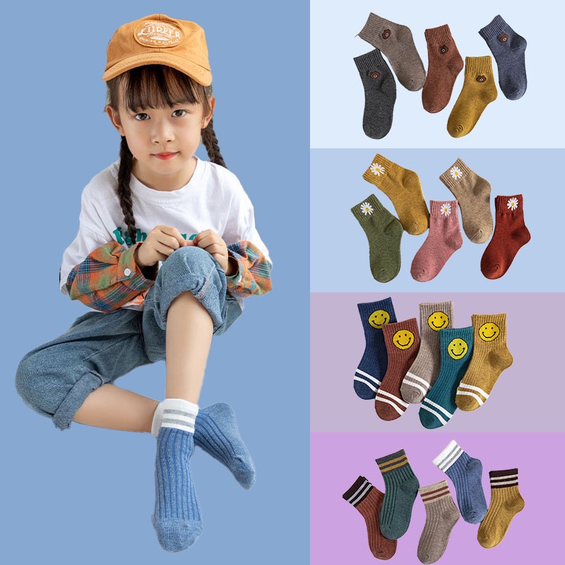 Set 5 Đôi Vớ Cotton Mềm Mại Giữ Ấm Mùa Đông Thêu Họa Tiết Kẻ Sọc / Hoa Cúc / Gấu Hoạt Hình Dễ Thương Cho