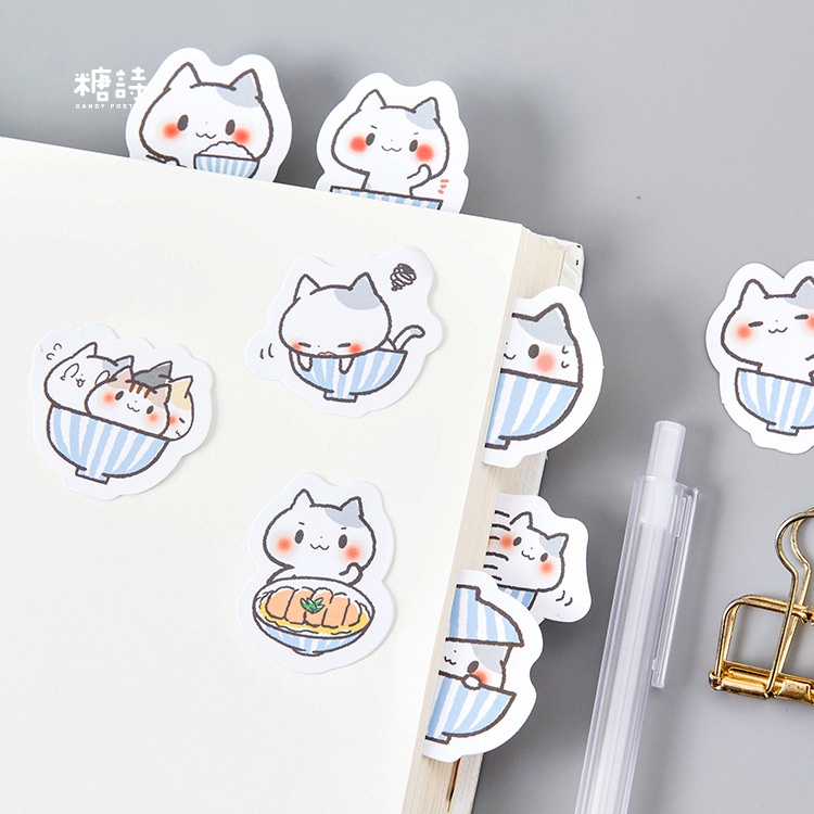 Hộp 45 sticker Mèo và Bát nhãn dán trang trí sổ tay Bullet journal