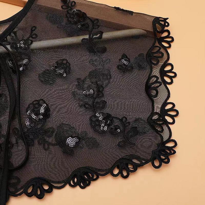 Khăn Choàng Cổ Thêu Hoa Đính Sequin Phối Dây Cột Nơ Có Thể Tháo Rời Cho Nữ