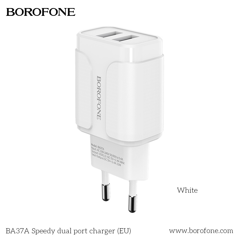 Củ sạc iphone, android Borofone BA37 12W 2 cổng USB 2.4A chuẩn EU, US