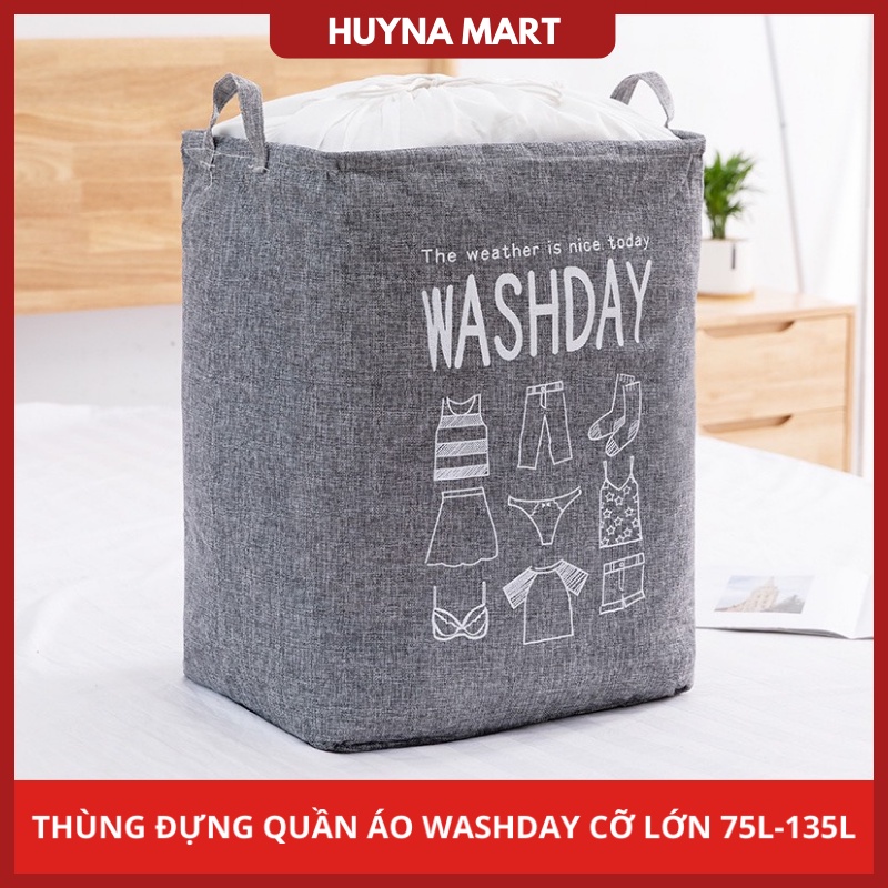 Thùng Đựng Quần Áo Vải Canvas WASHDAY Cỡ Lớn 75L-135L, Giỏ Đựng Đồ Đa Năng HUYNA MART TD05