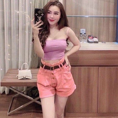 Quần shorts lưng cao jean phối màu hồng cực xinh , chất jean dày dặn