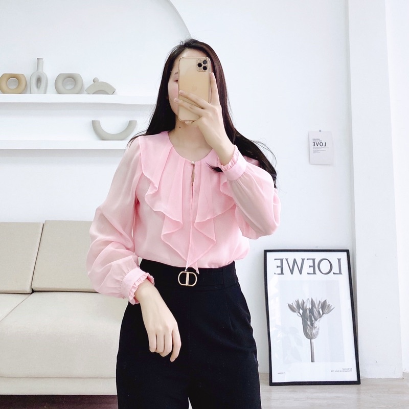 Áo sơ mi kiểu tay phồng hàn quốc cổ bèo tiểu thư chất liệu tơ hàn nhẹ không nhăn nhàu mau trắng, vàng, hồng mã A312