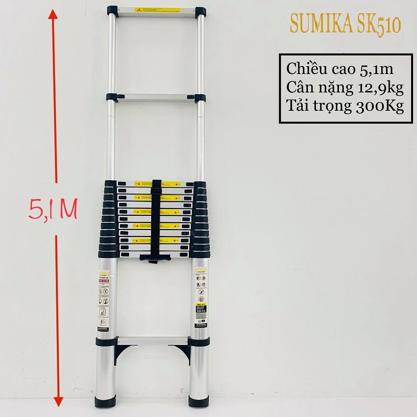 Thang nhôm rút Sumika SK510 - Màu đen 5.1m, rút gọn 0,96m, tải trọng 300kg-BH 24 Tháng - Luôn Có Phụ Kiện Thay Thế