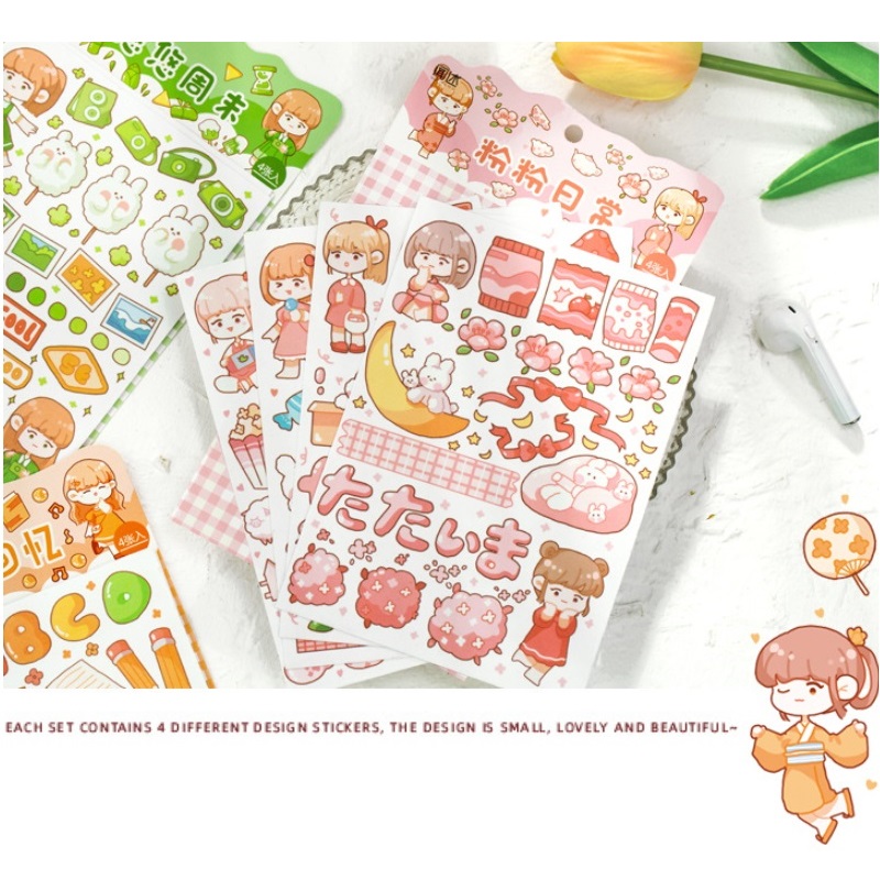 Set 4 Miếng Dán Trang Trí Hình Cô Gái Hoạt Hình Dễ Thương