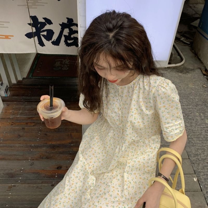 Đầm Dài Họa Tiết Hoa Vàng Phong Cách Pháp Thời Trang Mùa Hè 2022 Cho Nữ