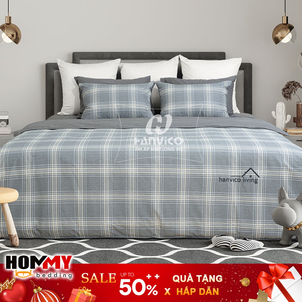 🍁 Bộ Chăn Ga Gối 🍁 Hanvico Living LV19 vải cotton cao cấp (ga chun, vỏ chăn, đôi vỏ gối)
