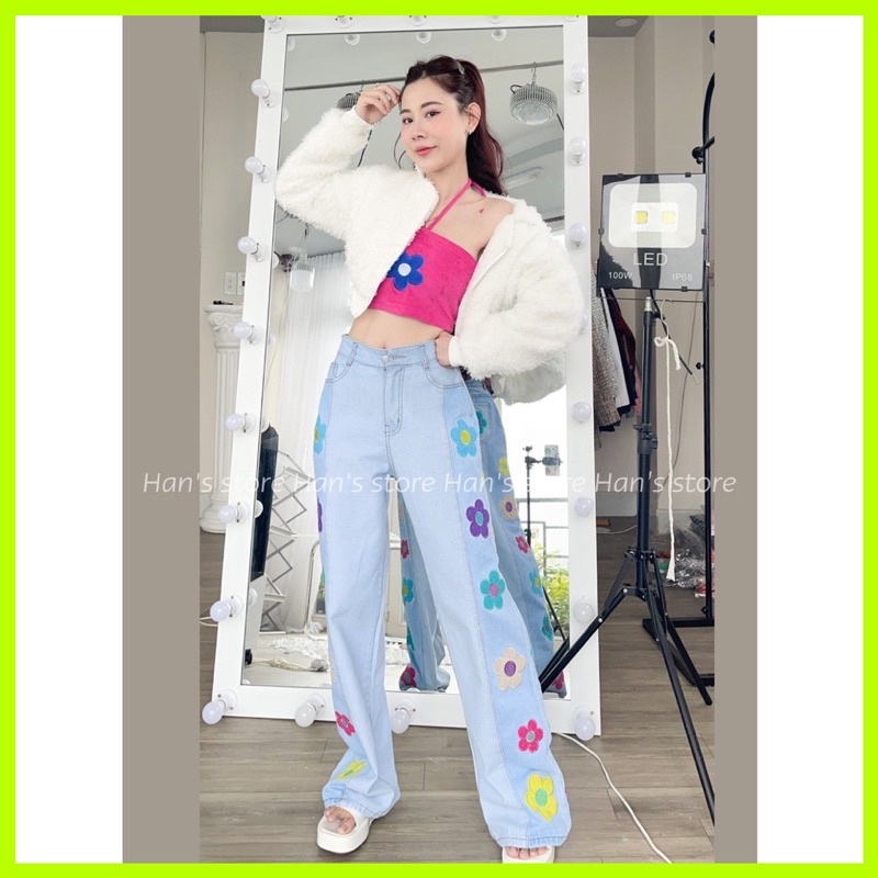 (chuyên sỉ) Quần jean nữ ống rộng thêu hoa dễ thương , dài 105cm , chất ko co dãn TQ Jean