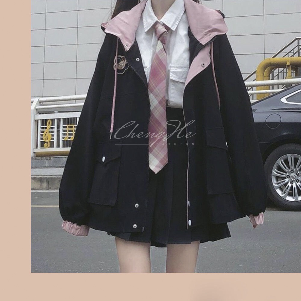 (SẴN) Áo khoác gió nữ oversize dáng rộng kèm mũ 2 màu kiểu dáng học sinh A00277