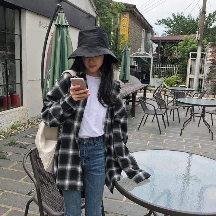 Áo Flannel sơ mi sọc caro đen trắng ་