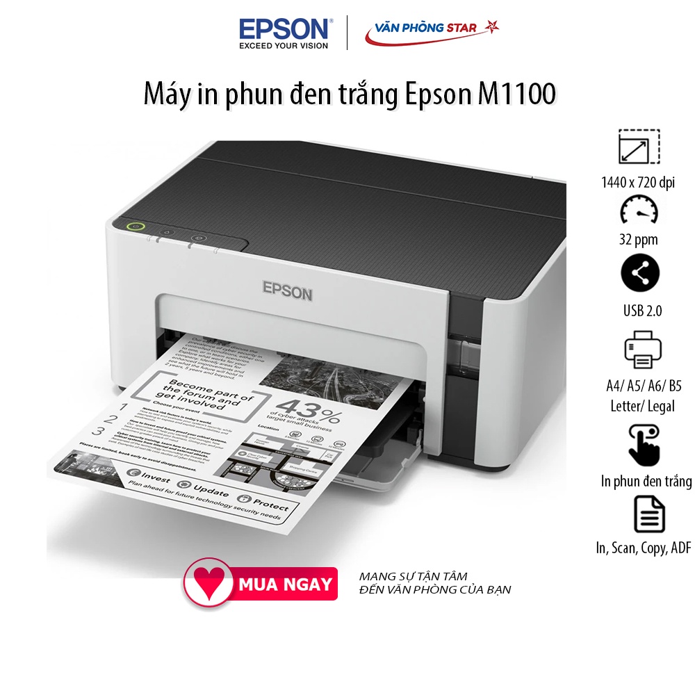 Máy in Epson M1100 in phun trắng đen, 30 trang/phút, 1440 dpi x 720 dpi, kết nối USB 2.0  Bảo hành chính hãng 4 năm