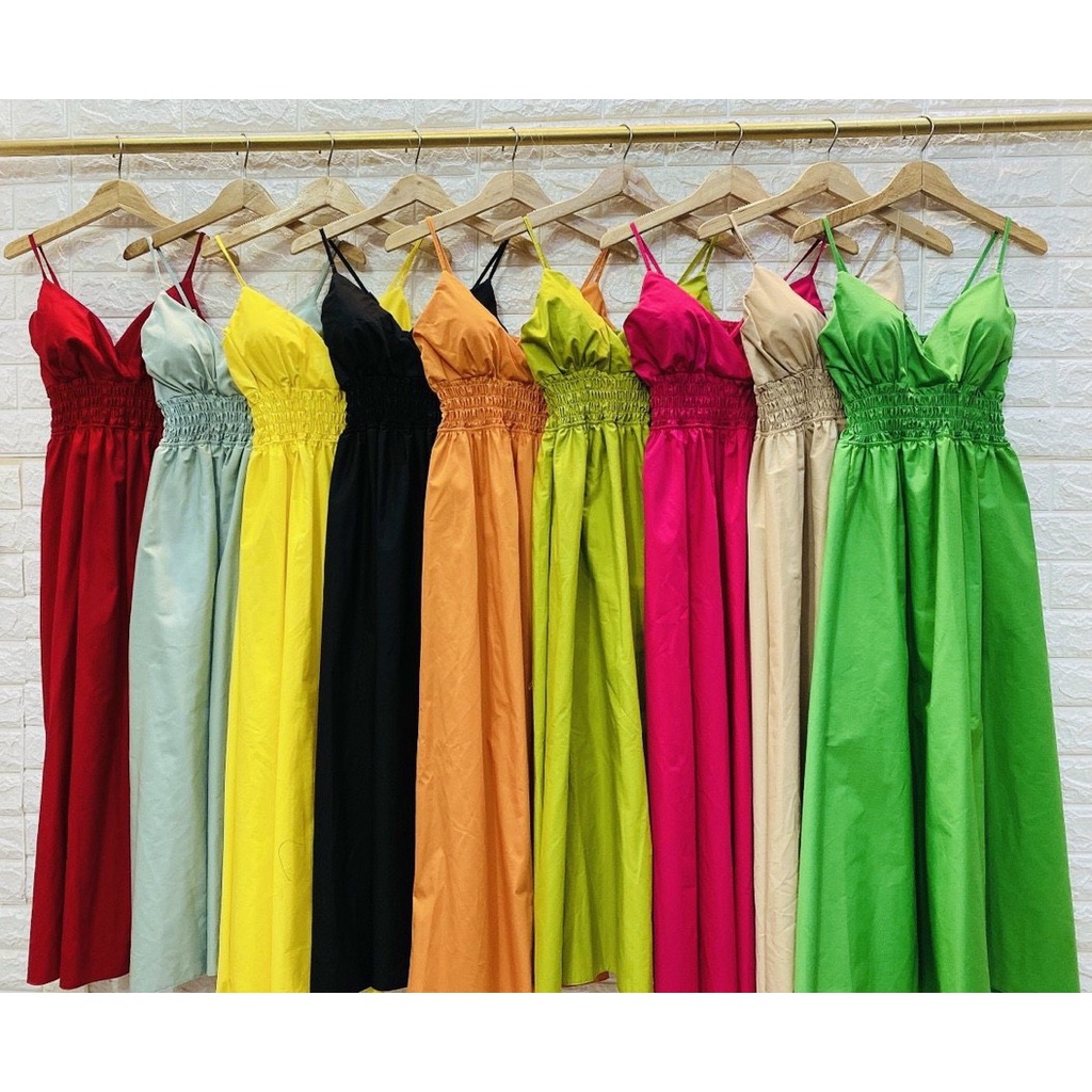 Đầm maxi hai dây nhún eo dáng xòe có mút ngực đi chơi đi biển siêu xinh
