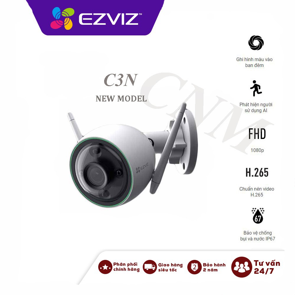 Camera Wifi EZVIZ Ngoài Trời C3N (CS-CV310) 2.0MP 1080P, camera c3n mẫu mới, có màu ban đêm, tích hợp tính năng AI