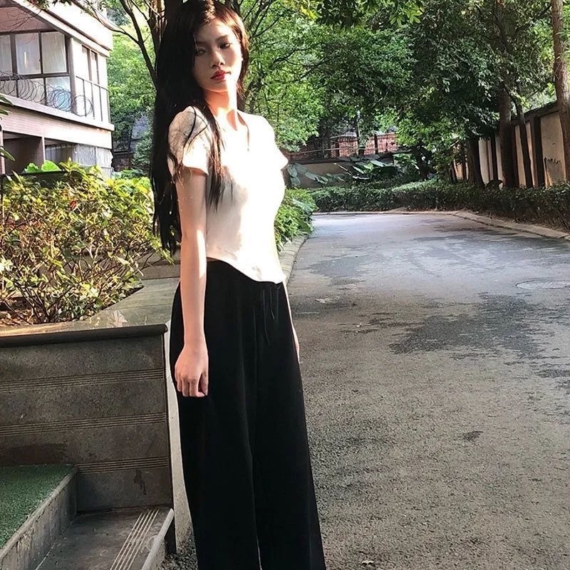 Set Áo Thun Ngắn Tay Và Quần Dài Ống Rộng Thời Trang Mùa Hè Mới Cho Nữ