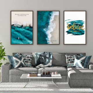 Bộ 3 tranh canvas biển xanh 40 X 60CM - KHUNG VIỀN ĐEN SR138