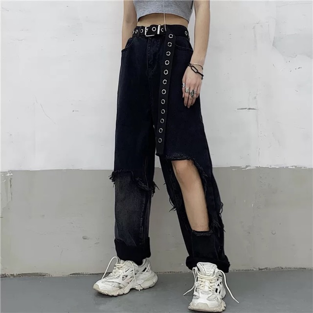 Quần baggy jean đen rách gấu ( mặc được 2 kiểu ạ )