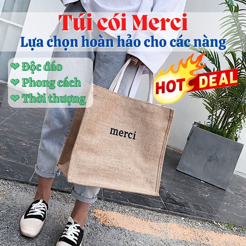 Túi cói 👜 Túi đi biển Merci phong cách vintage túi đựng đồ đi biển du lịch dày dặn có lót và khóa kéo bên trong