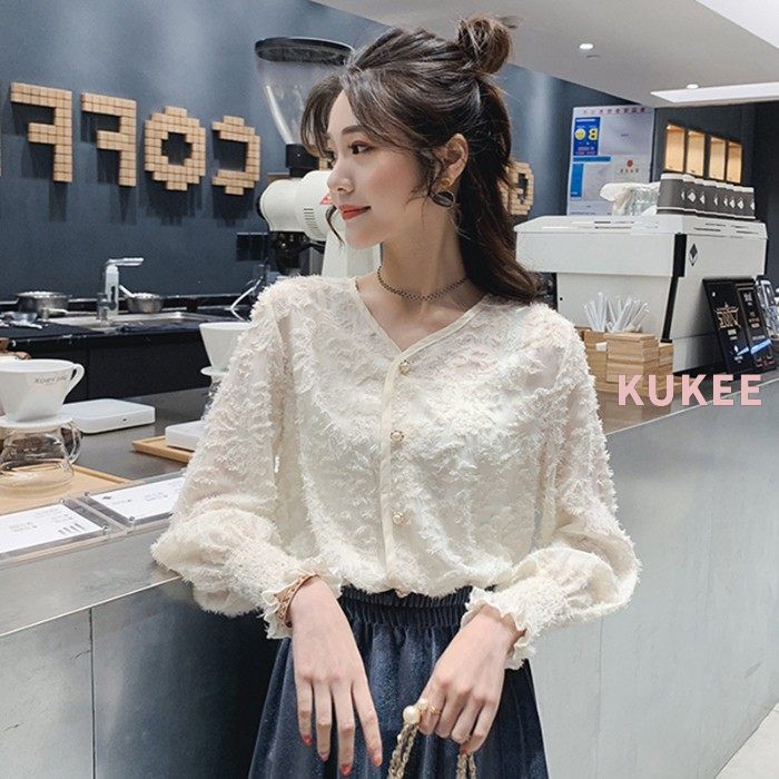 Áo Sơ Mi Tay Dài Cổ V Thanh Lịch Phong Cách Hàn Quốc Cho Nữ