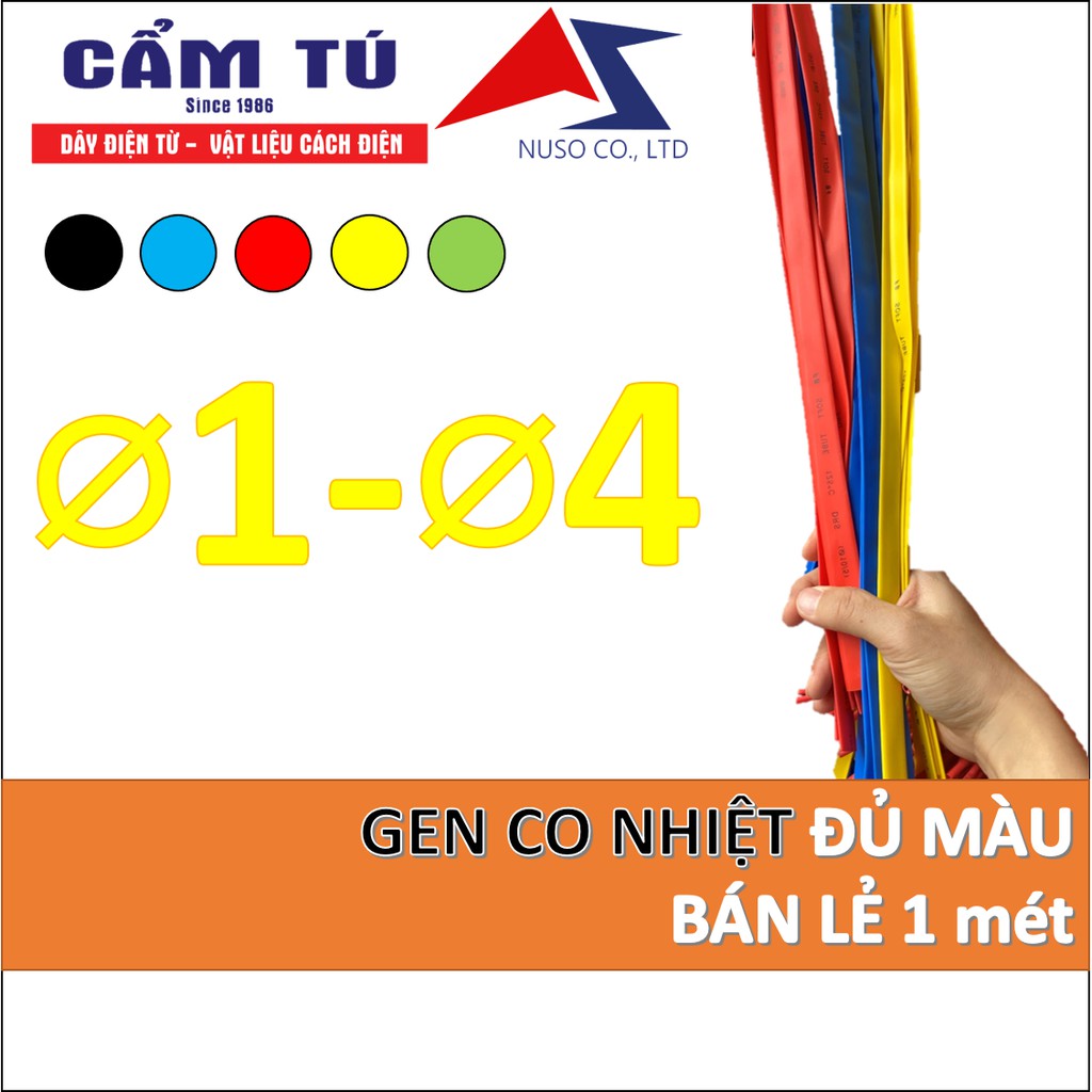 (1m) Gen co nhiệt cách điện màu xanh-đỏ-vàng-đen-trắng kích thước 1-2-3-4mm