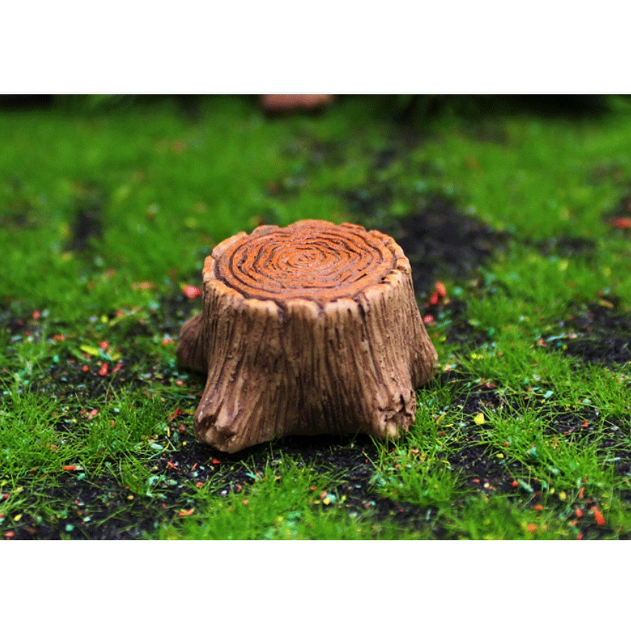 Trang trí tiểu cảnh terrarium gốc cây nâu đậm làm bàn ghế decor chậu cây, sen đá, bonsai