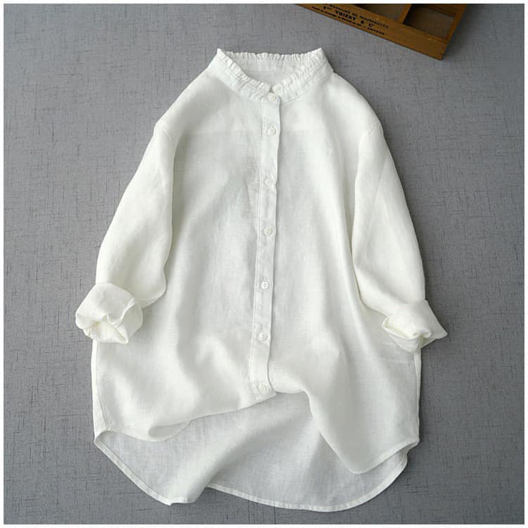 Áo Sơmi Nữ Thu Đông Dài Tay Cổ Bèo Dáng Suông Đuôi Cá Chất Liệu Linen