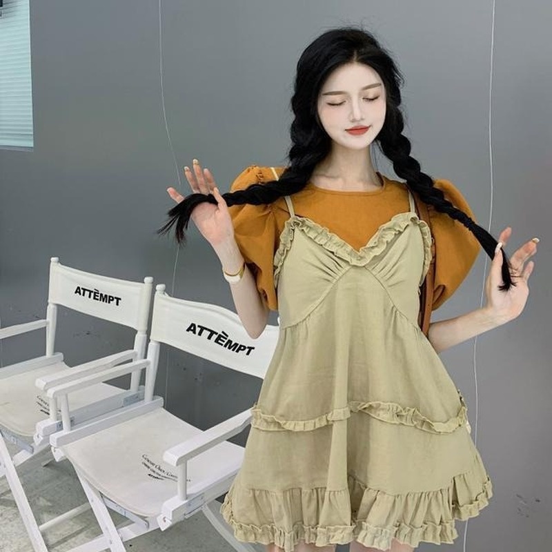 Set Áo Sơ Mi Tay Phồng + Váy Yếm Phong Cách Hàn Quốc Thời Trang Cho Nữ