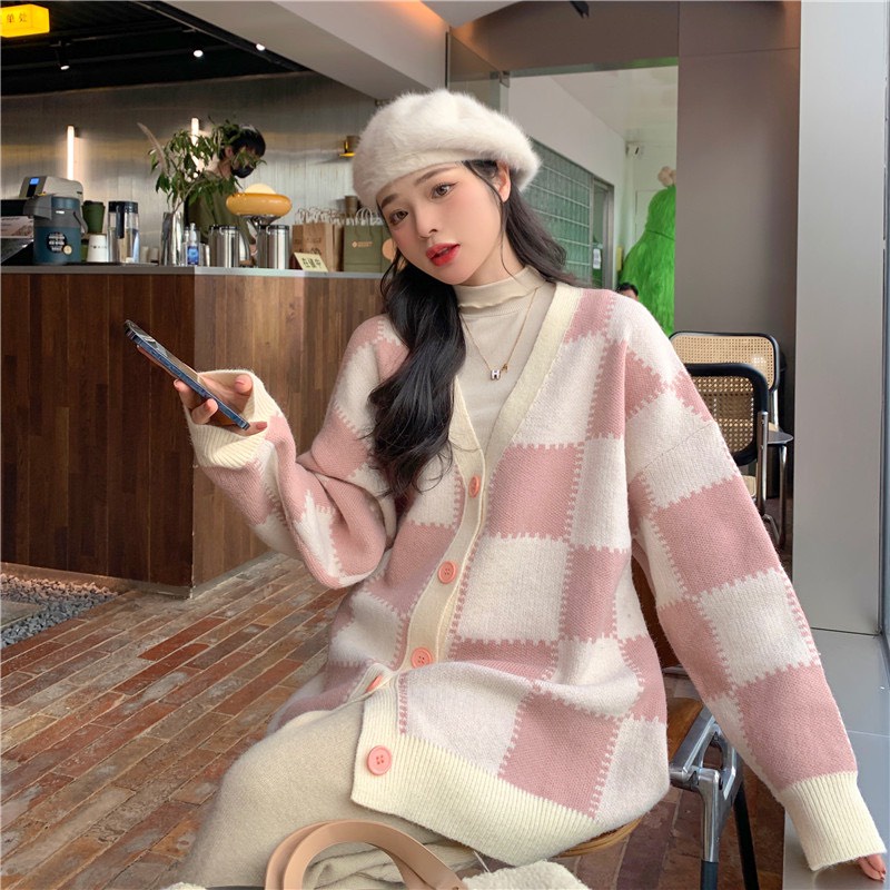 Áo Khoác Cardigan Len Hồng Họa Tiết Ô Vuông Thời Trang Hàn Quốc , Áo cardigan dáng rộng GUM OFFICIAL