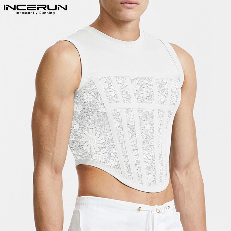 Áo ba lỗ INCERUN cổ tròn phối ren không tay thoáng mát sành điệu cho nam