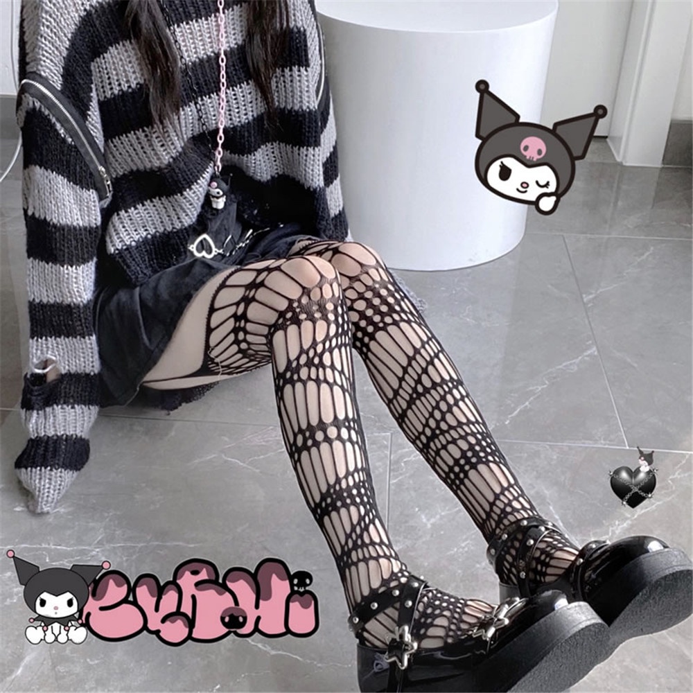 Quần Tất Lưới Kẻ Sọc Dọc Màu Đen Phong Cách Lolita Nhật Bản