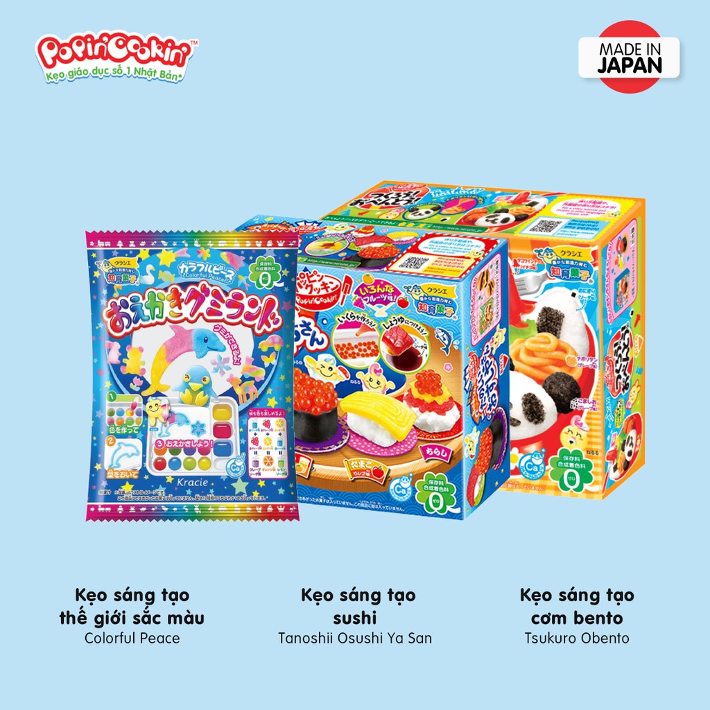 Combo 3 hộp kẹo Popin Cookin đồ chơi sáng tạo ăn được : Thế Giới Sắc Màu + Sushi + Cơm Bento chính hãng