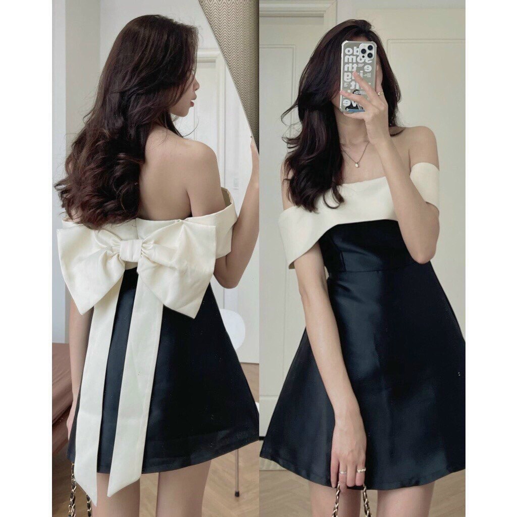 [8.8 Sales Freeship] Váy đầm nữ thiết kế, đầm trễ vai màu đen nơ lưng tiểu thư chất tapda mặc đi tiệc, sống ảo siêu xinh