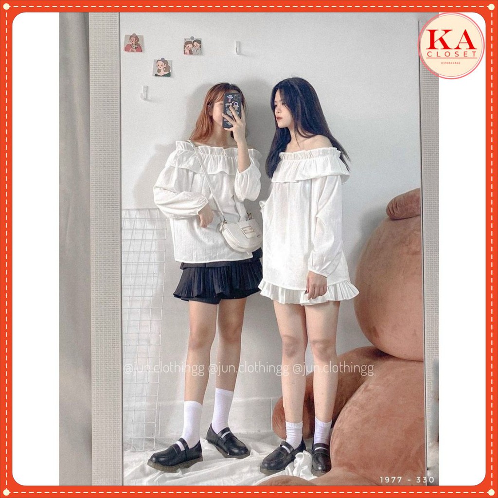 Áo trễ vai bánh bèo KA Closet Áo nhún vai tay dài chất Thô lụa mềm tay to hot hit